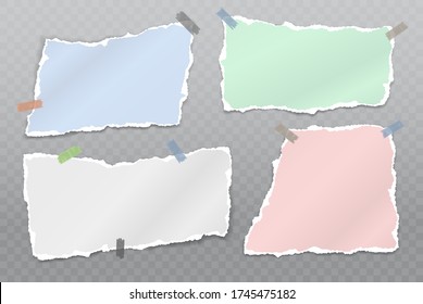 Torn white and colorful note, notebook paper strips and pieces stuck on squared background. Vector illustration