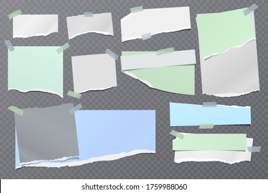 Torn white and colorful note, notebook paper strips and pieces stuck on dark grey squared background. Vector illustration