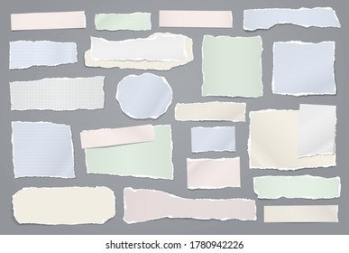 Torn of white and colorful note, notebook paper strips and pieces stuck on grey background. Vector illustration