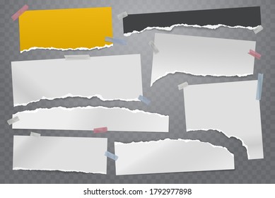 Torn of white and colorful note, notebook paper strips and pieces stuck with sticky tape on grey squared background. Vector illustration