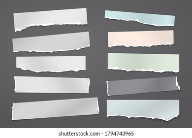 Torn of white and colorful note, notebook paper strips and pieces stuck on black background. Vector illustration