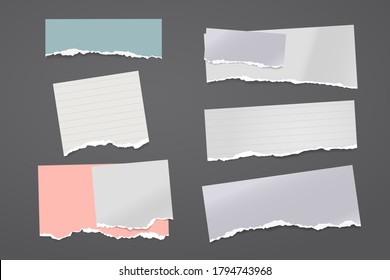Torn of white and colorful note, notebook paper strips and pieces stuck on black background. Vector illustration