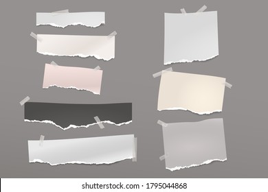 Torn of white and colorful note, notebook paper strips and pieces stuck with sticky tape on dark grey background. Vector illustration