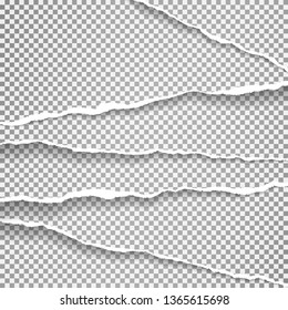 Torn and white diagonal paper strips with soft shadow are on squared background. Vector template illustration