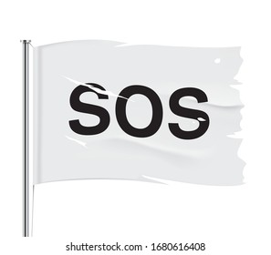 Torn white flag on a metallic pole with a SOS sign. Waving damaged flag, isolated on a white background. Tattered vector flag illustration.