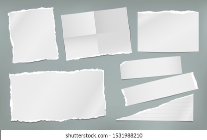 Torn white and folded note, notebook paper pieces stuck on green background. Vector illustration