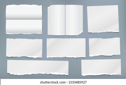 Torn white and folded note, notebook paper pieces stuck on blue background. Vector illustration