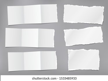 Torn white and folded note, notebook paper pieces stuck on grey background. Vector illustration