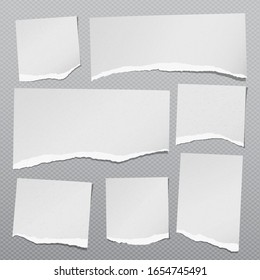 Torn white grainy note, notebook paper strips, pieces stuck on grey squared background. Vector illustration