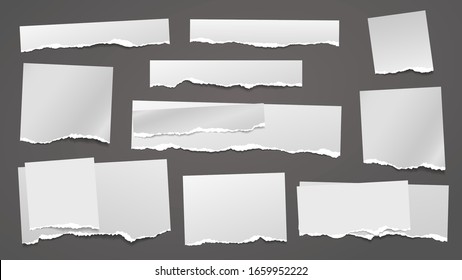 Torn white grainy note, notebook paper strips, pieces stuck on grey squared background. Vector illustration