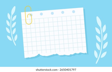 torn white graph paper clipped with a golden paperclip on a calming blue background, accented by decorative branches. Ideal for educational content, office themes, notes, or creative layouts