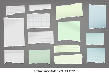 Torn of white, green and blue note, notebook paper pieces are on dark grey background for text, advertising or design. Vector illustration