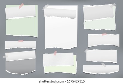 Torn of white and green note, notebook paper strips, pieces stuck on dark grey background. Vector illustration