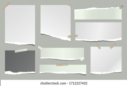 Torn of white and green note, notebook paper strips, pieces stuck with sticky tape on grey background. Vector illustration