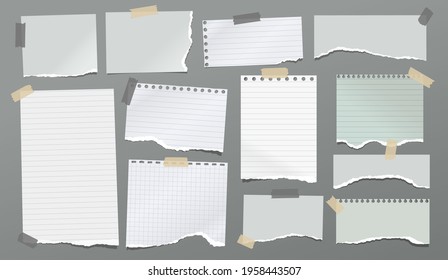 Desgarrado de papel blanco y verde de cuaderno con cinta adhesiva sobre fondo gris oscuro para texto, publicidad o diseño. Ilustración del vector