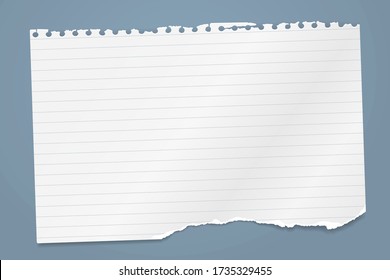 Torn of white horizontal and lined note, notebook paper piece stuck on blue background. Vector illustration