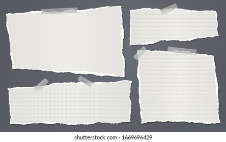 Torn of white lined, math note, notebook paper strips, pieces stuck with sticky tape on black background. Vector illustration