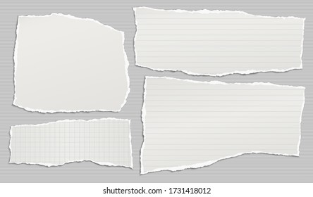 Torn of white lined, math note, notebook paper strips, pieces stuck on grey lined background. Vector illustration