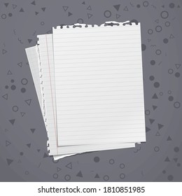 Torn of white, lined and math note, notebook paper stuck on dark grey background with pattern. Vector illustration