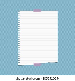 Torn white lined note, notebook paper sheet for text, stuck on squared blue background. Vector illustration