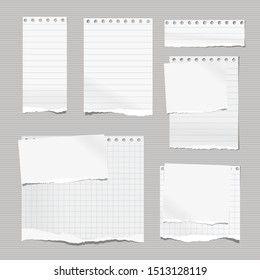 Torn white, lined note, notebook paper strips stuck on grey background. Vector illustration