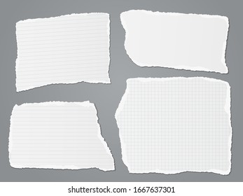 Torn of white lined note, notebook paper strips, pieces stuck on dark grey background. Vector illustration