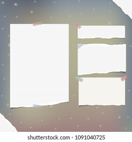 Torn white lined note paper pieces, notebook sheet for text stuck on colorful background with stars pattern. Vector illustration.