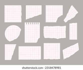 Torn white lined, scetchbook, math note paper pieces vector illustrations set on grey background.