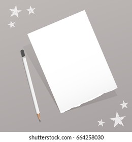 Torn white note, notebook, copybook paper sheet with pencil and stars on gray background.