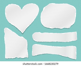 Torn of white note, notebook lined, squared paper strips, pieces stuck on turquoise background. Vector illustration