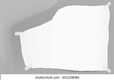 Torn white note, notebook paper stuck with sticky tape on crumple background