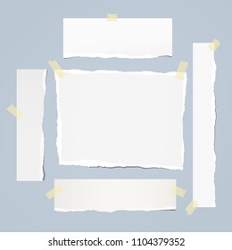 Torn white note, notebook paper pieces for text stuck with sticky tape blue background. Vector illustration.