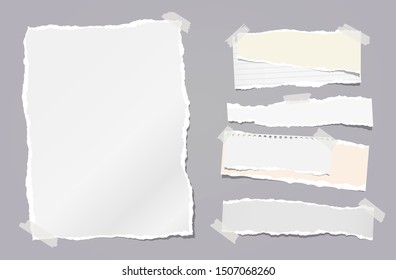 Torn white note, notebook paper strips stuck with sticky tape on dark grey background. Vector illustration