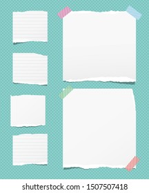 Torn white note, notebook paper strips stuck with sticky tape on squared turquoise background. Vector illustration