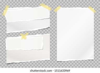 Torn white note, notebook paper strips stuck with sticky tape on grey squared background. Vector illustration