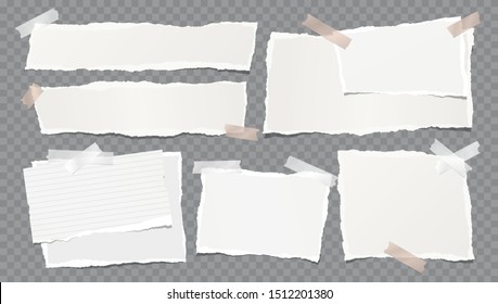 Torn white note, notebook paper strips stuck with sticky tape on dark grey background. Vector illustration