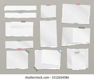 Torn white note, notebook paper pieces stuck with sticky tape on grey background. Vector illustration