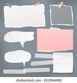 Torn white note, notebook paper pieces, speech bubbles and sticky adhesive tape stuck on dark background. Vector illustration.