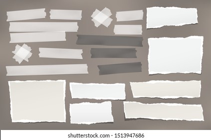 Torn white note, notebook paper pieces and adhesive sticky tape stuck on dark brown background. Vector illustration.