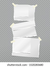 Torn white note, notebook paper strips stuck with sticky tape on dark grey background. Vector illustration