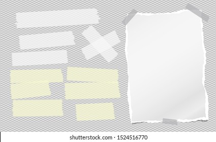 Torn white note, notebook paper piece withsticky tape on squared grey background. Vector illustration