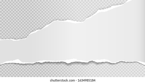 Torn white note, notebook paper strip, piece stuck on squared background. Vector illustration