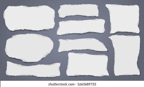 Torn white note, notebook paper strips, pieces stuck on dark blue background. Vector illustration