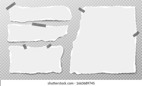 Torn white note, notebook paper strips, pieces stuck with sticky tape on grey squared background. Vector illustration