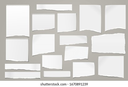 Torn of white note, notebook paper strips, pieces stuck on grey background. Vector illustration