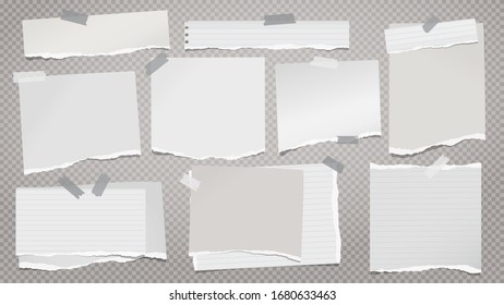 Torn of white note, notebook paper strips, pieces stuck with sticky tape on grey squared background. Vector illustration