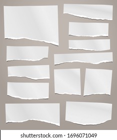 Torn of white note, notebook paper strips, pieces stuck on brown background. Vector illustration