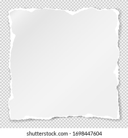 Torn of white note, notebook paper strip, piece stuck on grey squared background. Vector illustration