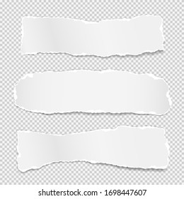 Torn of white note, notebook paper strips, pieces stuck on grey squared background. Vector illustration