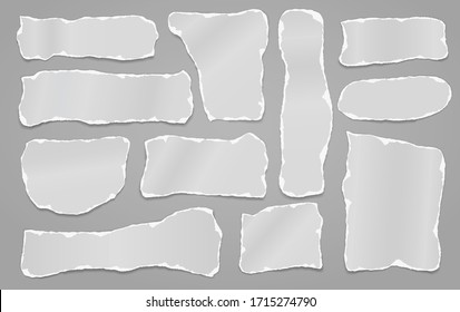 Torn of white note, notebook paper strips, pieces stuck with sticky tape on grey background. Vector illustration